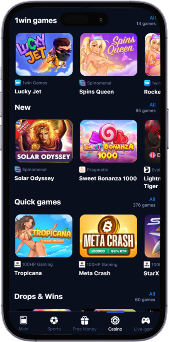 Screenshots of 1win casino games